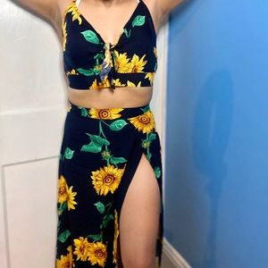 Sun Flower Print Cami Top & Split Thigh Skirt